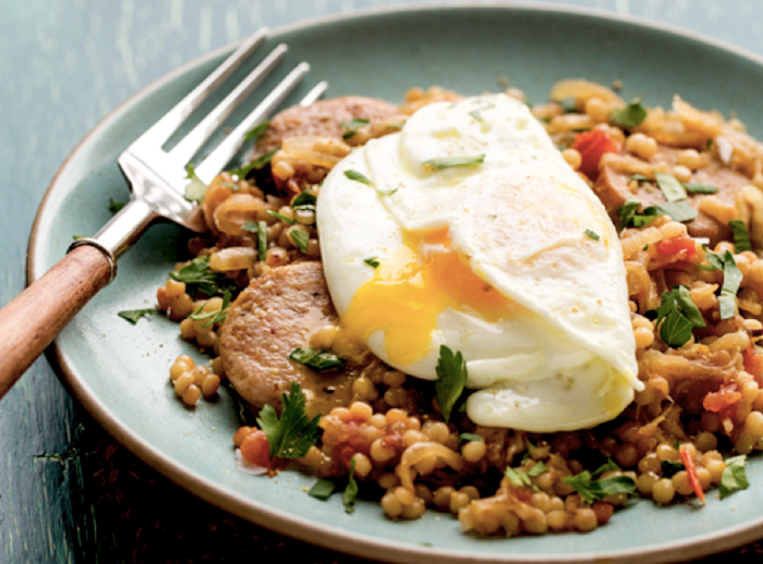 Israeli Couscous With Chicken Sausage And Over-Easy Eggs Recipe