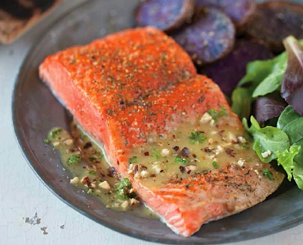 Serve this cedar-plank grilled salmon from famed Ivar's in Seattle with a nutty, tangy vinaigrette.