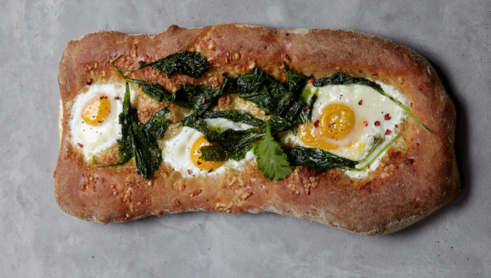 Mustard Greens, Cheddar And Farm Egg Breakfast Pizza Recipe