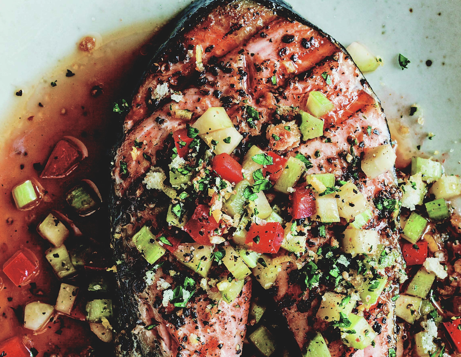 Grilled CorianderCrusted Fish Steaks With Gazpacho Relish Recipe