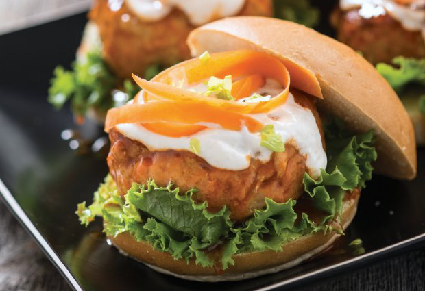 Savory buffalo chicken burgers will satisfy your craving for tangy heat while cutting out the extra fat.