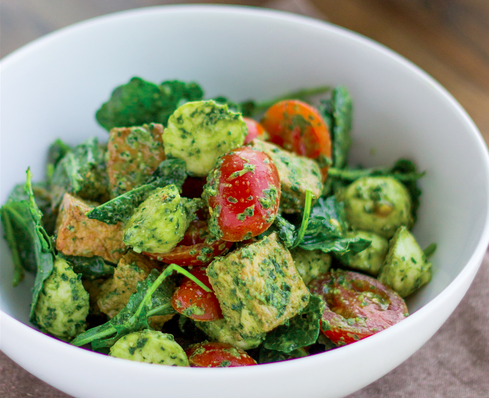 Caprese Pesto Kale Salad With Crispy Tofu Recipe - Food Republic