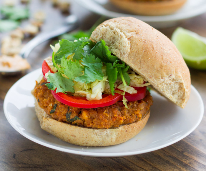 Instead of ordering takeout, whip up a batch of flavorful, healthy peanut veggie burgers at home.