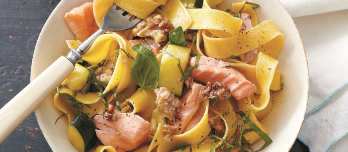 Healthy salmon, walnuts and zucchini pump up this pappardelle with flavor that tastes as great as it feels.