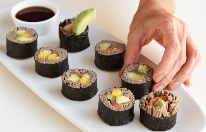 Replace rice with soba noodles in this eye-catching maki recipe