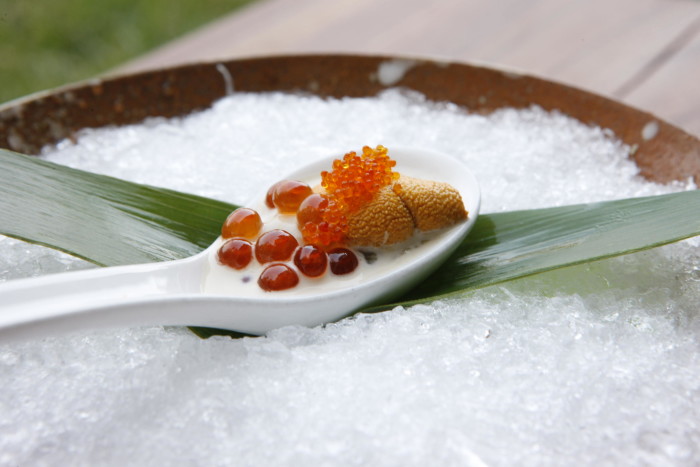 Chef Ken Tominaga's famed "Happy Spoon" features a raw oyster cradled in crème fraîche, uni, and two types of fish roe. (Photo credit: Hana Japanese)