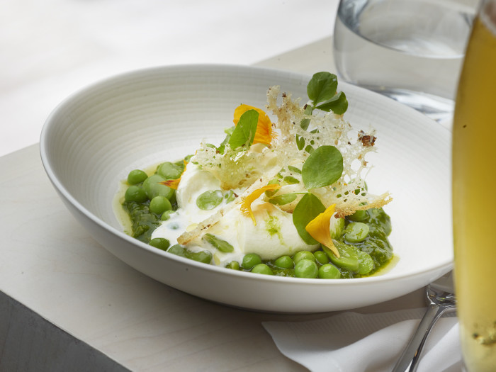 Burrata & Salsa Verde with fava beans & peas