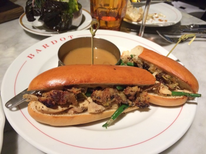 Bardot's Chicken Dip features roast chicken, mushroom stuffing, gruyère cheese, and green beans, with white-wine gravy on the side for dunking. (Photo credit: Bardot Brasserie)