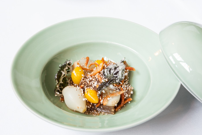 Acorn, abalone mushroom, ginko nut, amaranth seed, onion and bone marrow at Mosu. (Photo: Patricia Chang.)