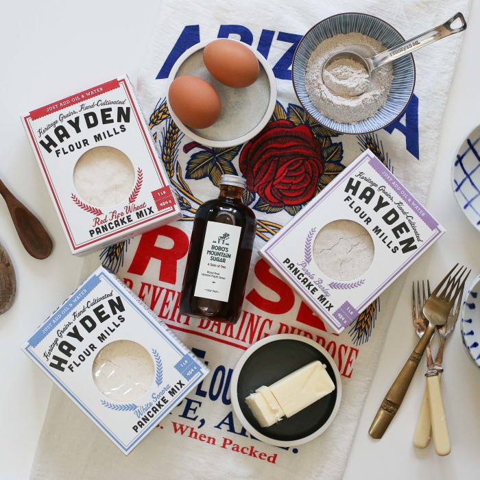 Hayden Flour Mills offers four heritage baking mixes: White Sonora Pancake Mix, Red Fife Pancake Mix, Purple Barley Pancake Mix, and Heritage Cornbread Mix. (Photo credit: Hayden Flour Mills)