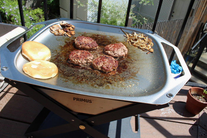 Primus' Kamoto OpenFire Pit and OpenFire Pan are the perfect alternatives for backyard burger making. (Photo: Tiffany Do.)