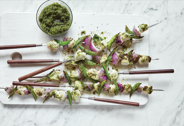 chicken and snap pea skewers