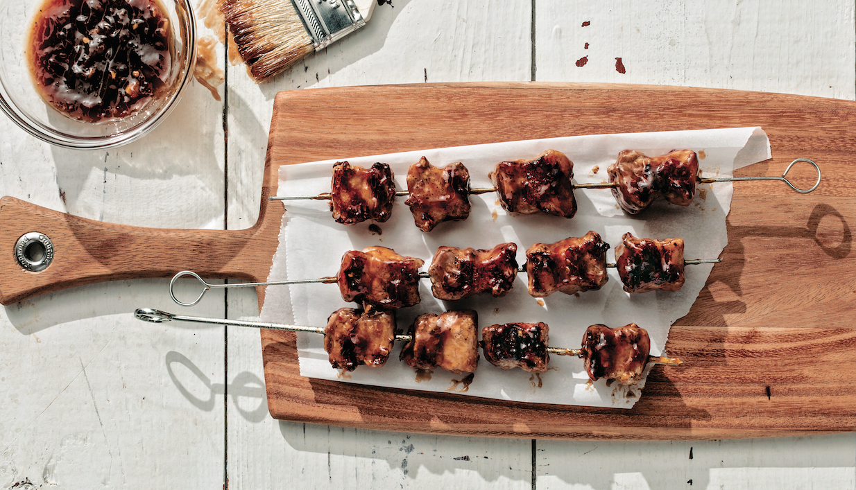 Pork Belly Kebabs With Plum Glaze, Hot Off The Grill