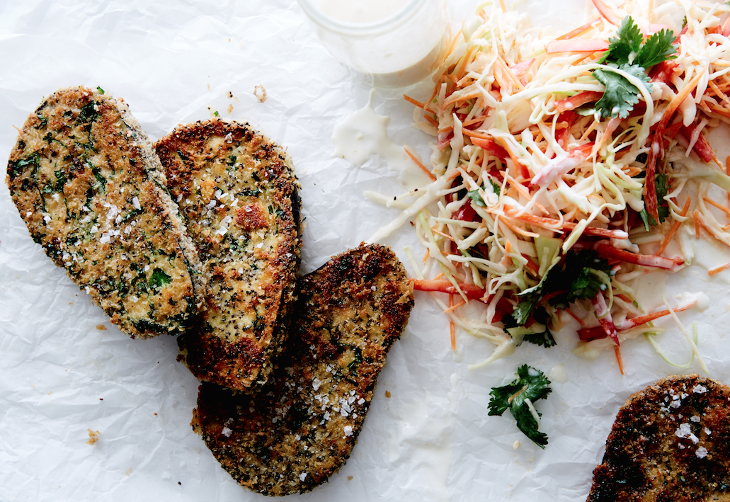 Now Frying Eggplant Schnitzel With Buttermilk Slaw