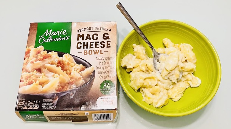 Box of cooked Marie Callender's Creamy Vermont Mac & Cheese