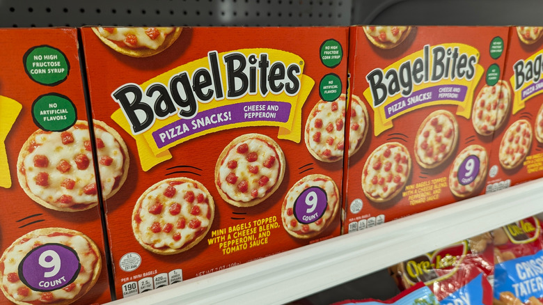 Boxes of Bagel Bites on a store shelf