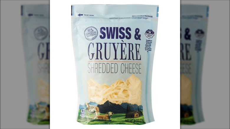 A bag of Specialty Shredded Swiss and Gruyere Cheese