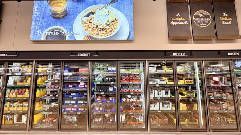 The refrigerated section of an Aldi store.