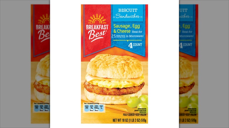 A package of Breakfast Best Sausage, Egg & Cheese Biscuit Sandwiches.