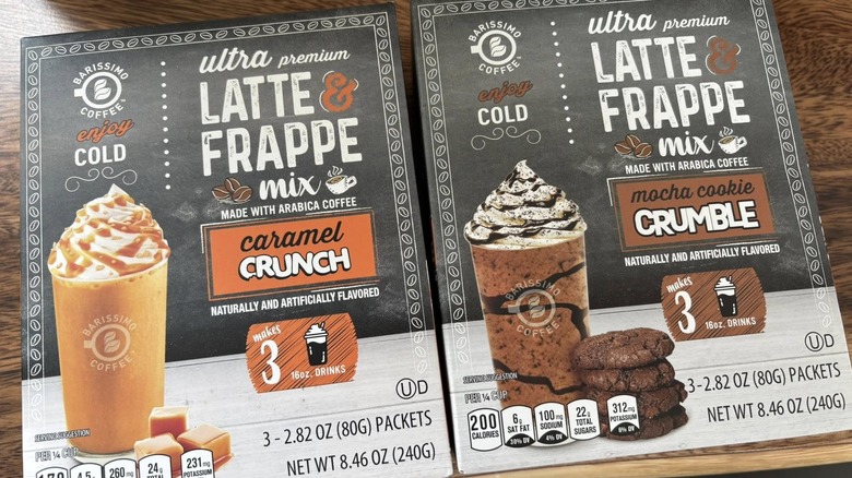 Aldi Latte & Frappe Mix boxes sit on a counter