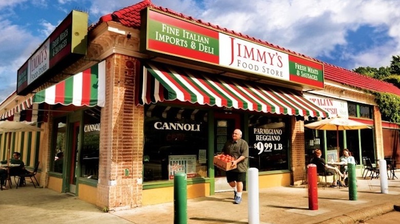 Jimmy's Food Store exterior blue sky and clouds