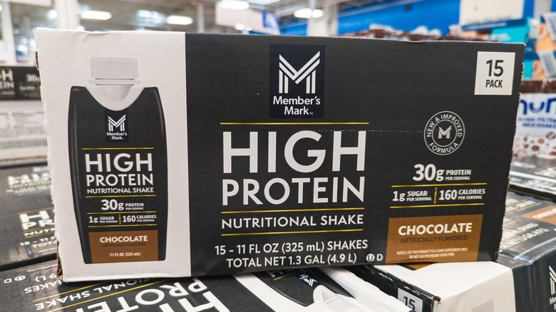15 pack of Member's Mark protein shake resting atop a stack