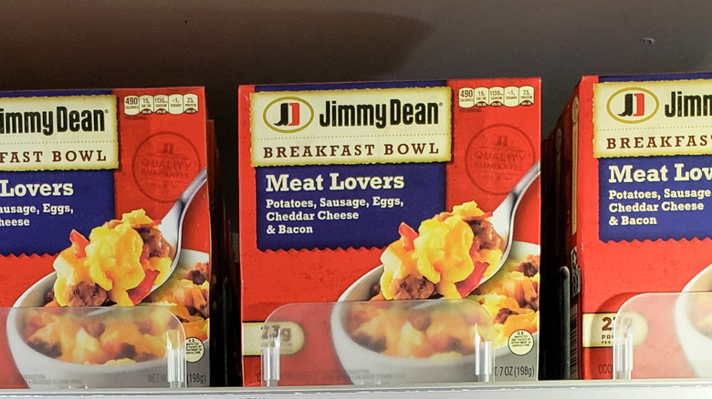 Jimmy Dean Breakfast Bowls on display in a store freezer