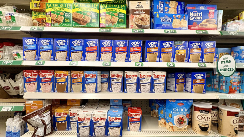 Various pantry breakfast items on display inside Dollar Tree