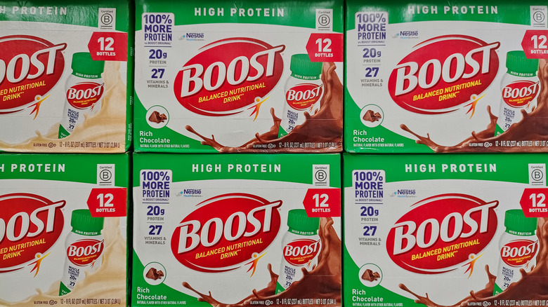 Boxes of Nestle Boost Protein Nutritional Drinks in various flavors