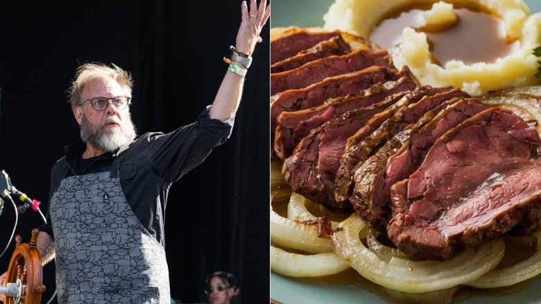Alton Brown performing on stage / Dish of liver and onions with mashed potatoes