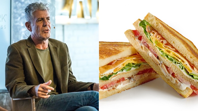 Anthony Bourdain at SXSW / Club sandwich halved and arranged on a white background