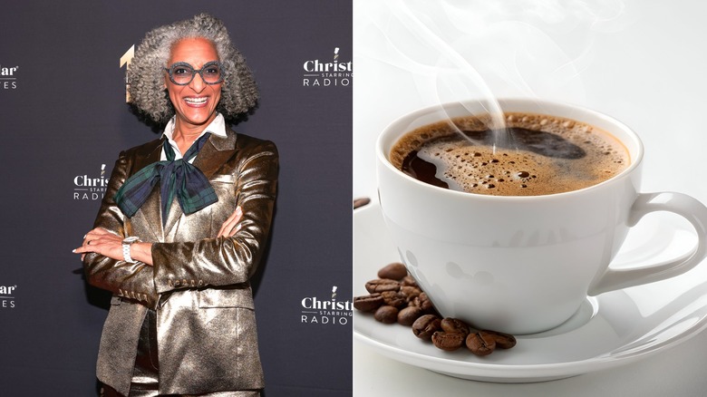 Carla Hall posing at an event / Cup of coffee on a saucer with coffee beans