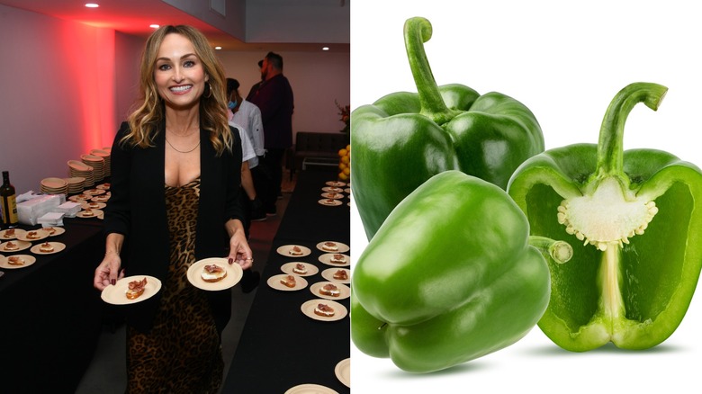 Giada De Laurentiis carrying dishes / Arrangement of green bell peppers on white background