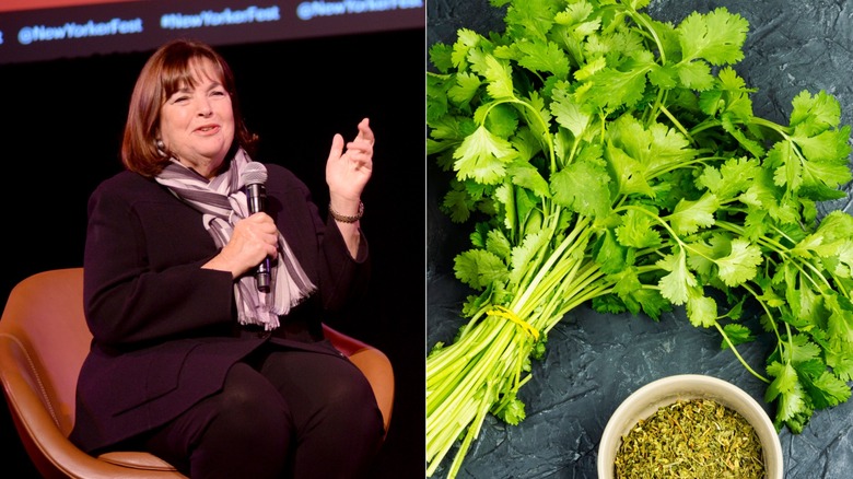 Ina Garten on stage at a festival / Bunch of cilantro beside a dish with it dried and crushed
