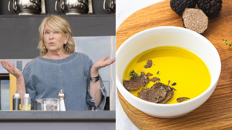 Martha Stewart giving a cooking demonstration / Shaved truffle in a dish of oil