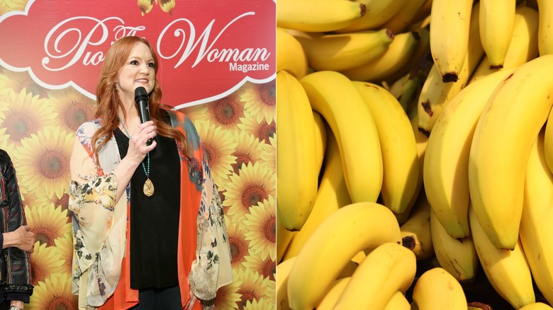 Ree Drummond speaking into a microphone / Bunches of bananas