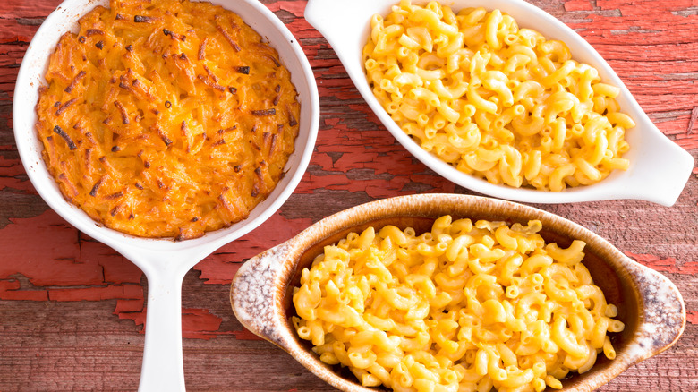 Three dishes of boxed macaroni and cheese
