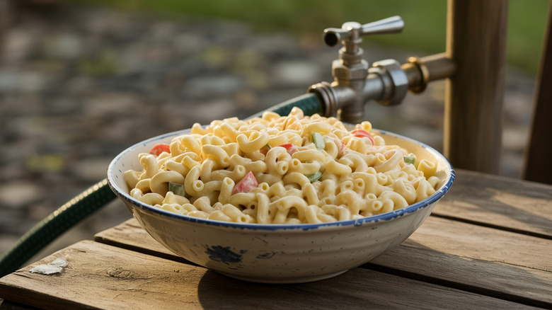 A dish of macaroni salad sits on a wooden bench by a water hose and faucet