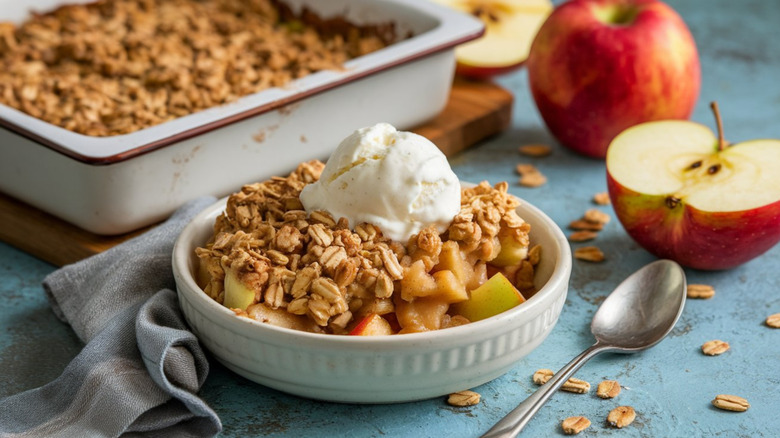Apple crisp with a scoop of vanilla ice cream