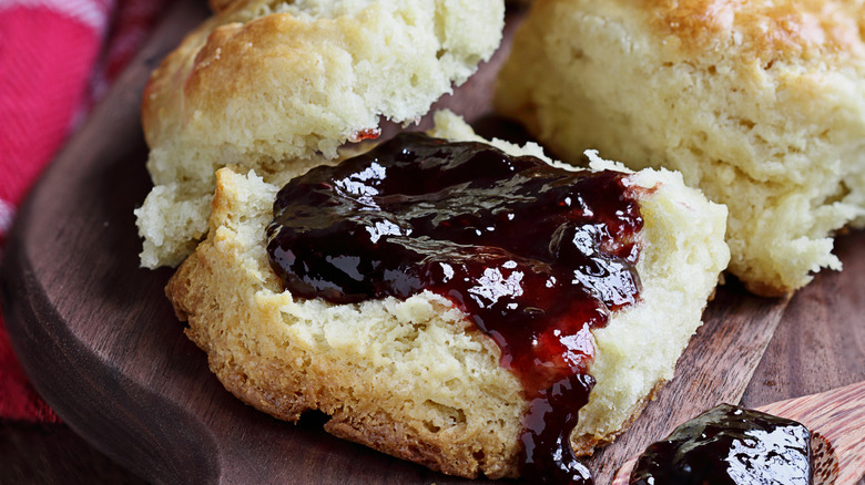 A flaky buttermilk biscuit topped with blueberry filling