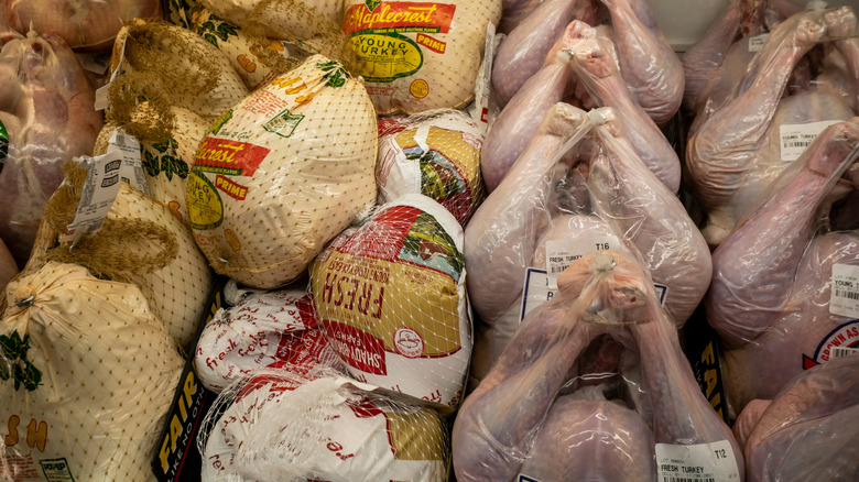 A grocery selection of turkeys