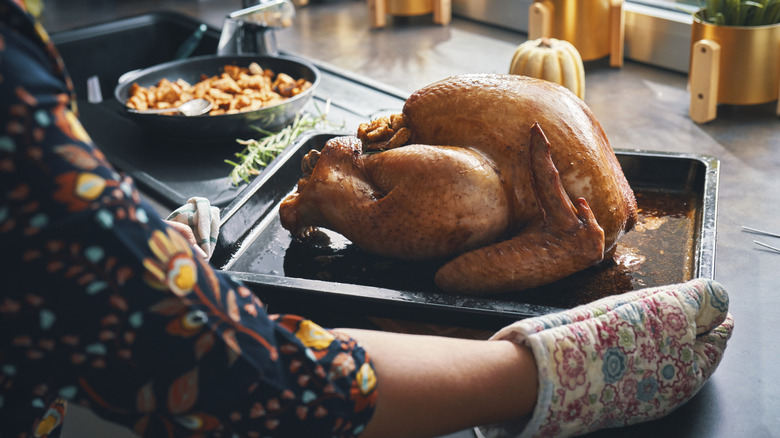 A roast turkey resting outside the oven