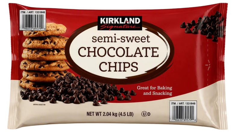 A bag of Kirkland Signature Semi-Sweet Chocolate Chips.