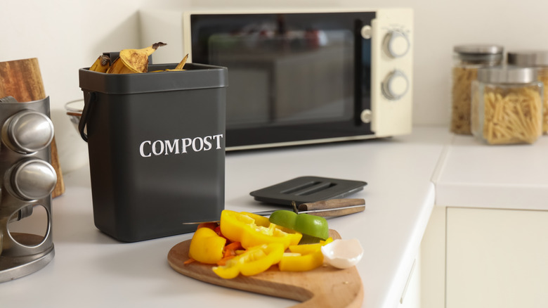 compost bin with scraps on a countertop