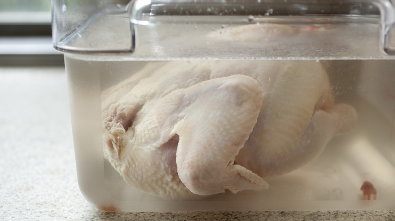 A whole chicken being brined in liquid.