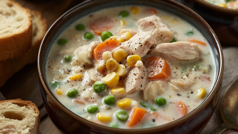 Chicken soup with veggies surrounded by slices of bread.