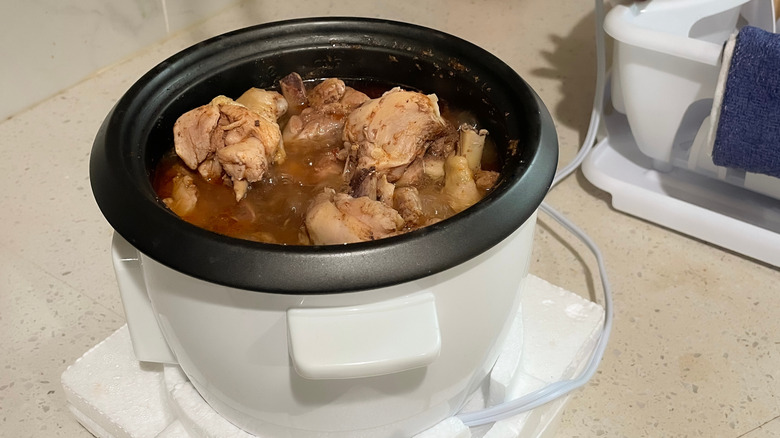 A rice cooker making chicken soup.