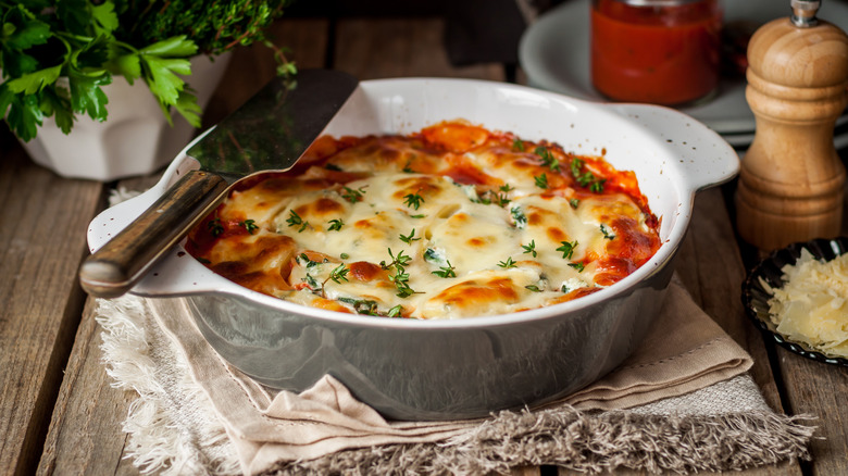 Stuffed giant pasta shells in a sauce