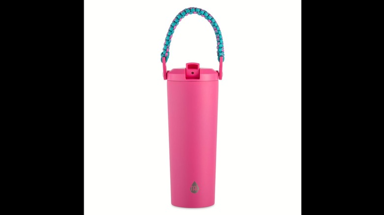 A pink water bottle with a paracord