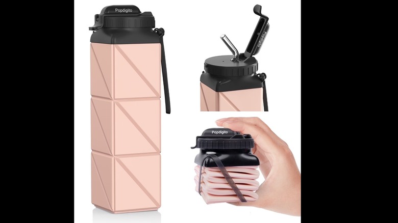 A pale pink collapsible water bottle